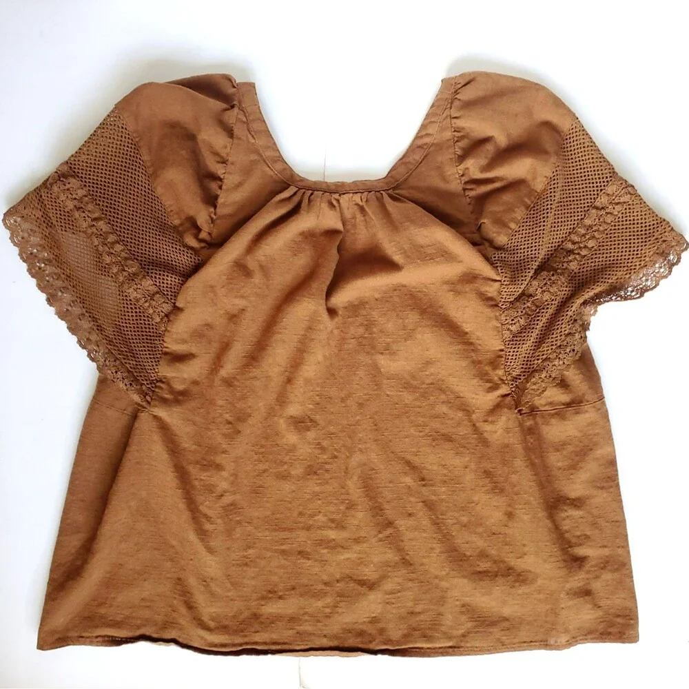 Old Navy Crochet Flutter Sleeve Top Womens M Sisal Brown Boho Chic Fairycore - Picture 6 of 9
